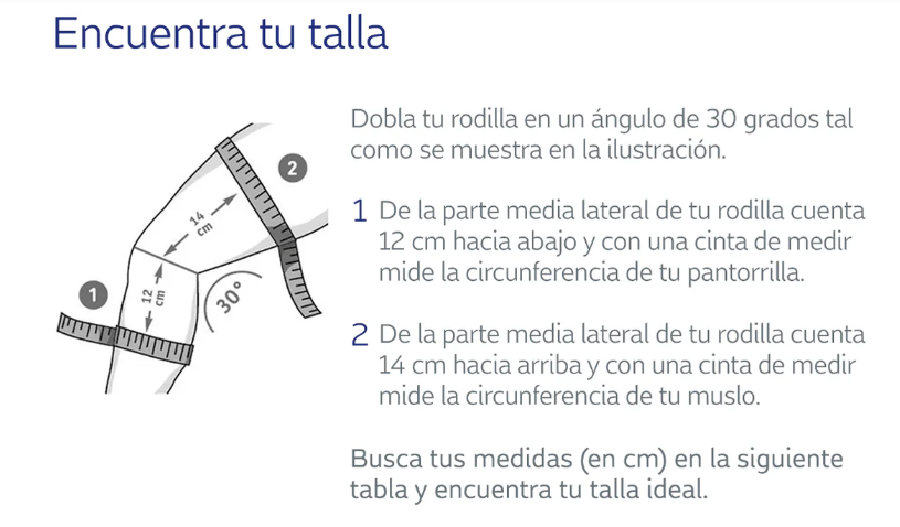 Ilustración para medir la pierna con la rodilla flexionada a 30 grados, 12 centímetros debajo y 14 centímetros arriba de la articulación